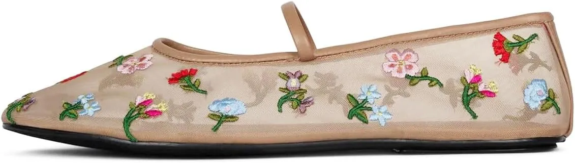 Women's Mesh Ballet Flats Embroidered Floral Mary Jane Flats Casual Comfortable Round Toe Ballerina Shoes