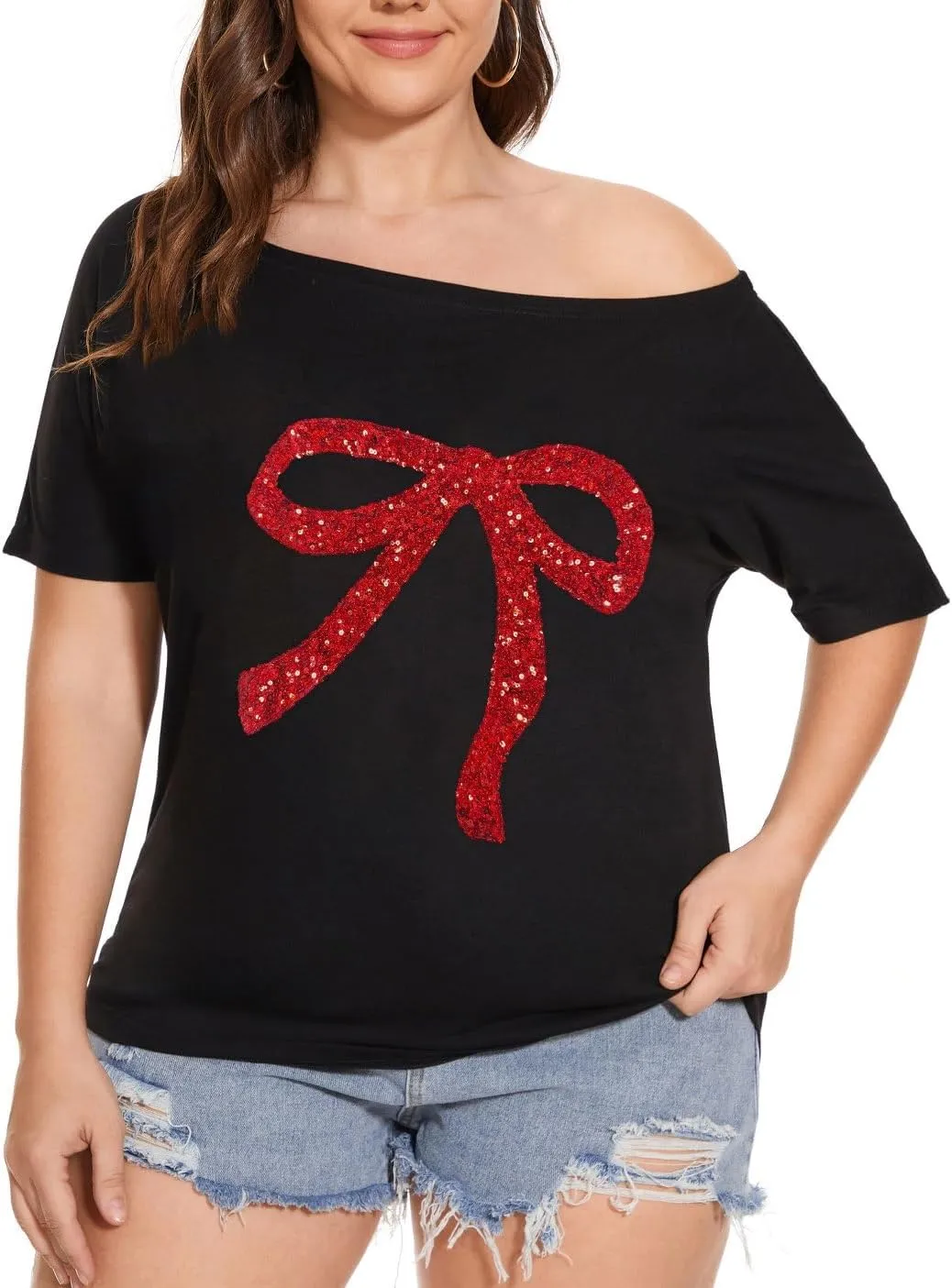 Womens Off The Shoulder Tops Shiny Shirts Short Sleeves Regular and Plus Size Dolman Metallic Tops