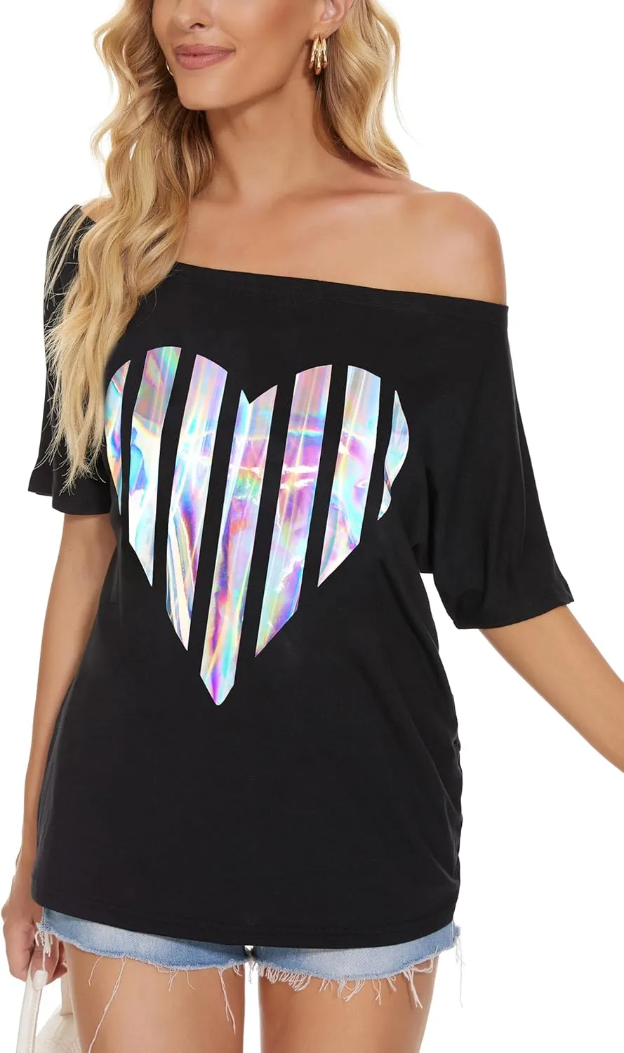 Womens Off The Shoulder Tops Shiny Shirts Short Sleeves Regular and Plus Size Dolman Metallic Tops