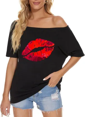 Womens Off The Shoulder Tops Shiny Shirts Short Sleeves Regular and Plus Size Dolman Metallic Tops