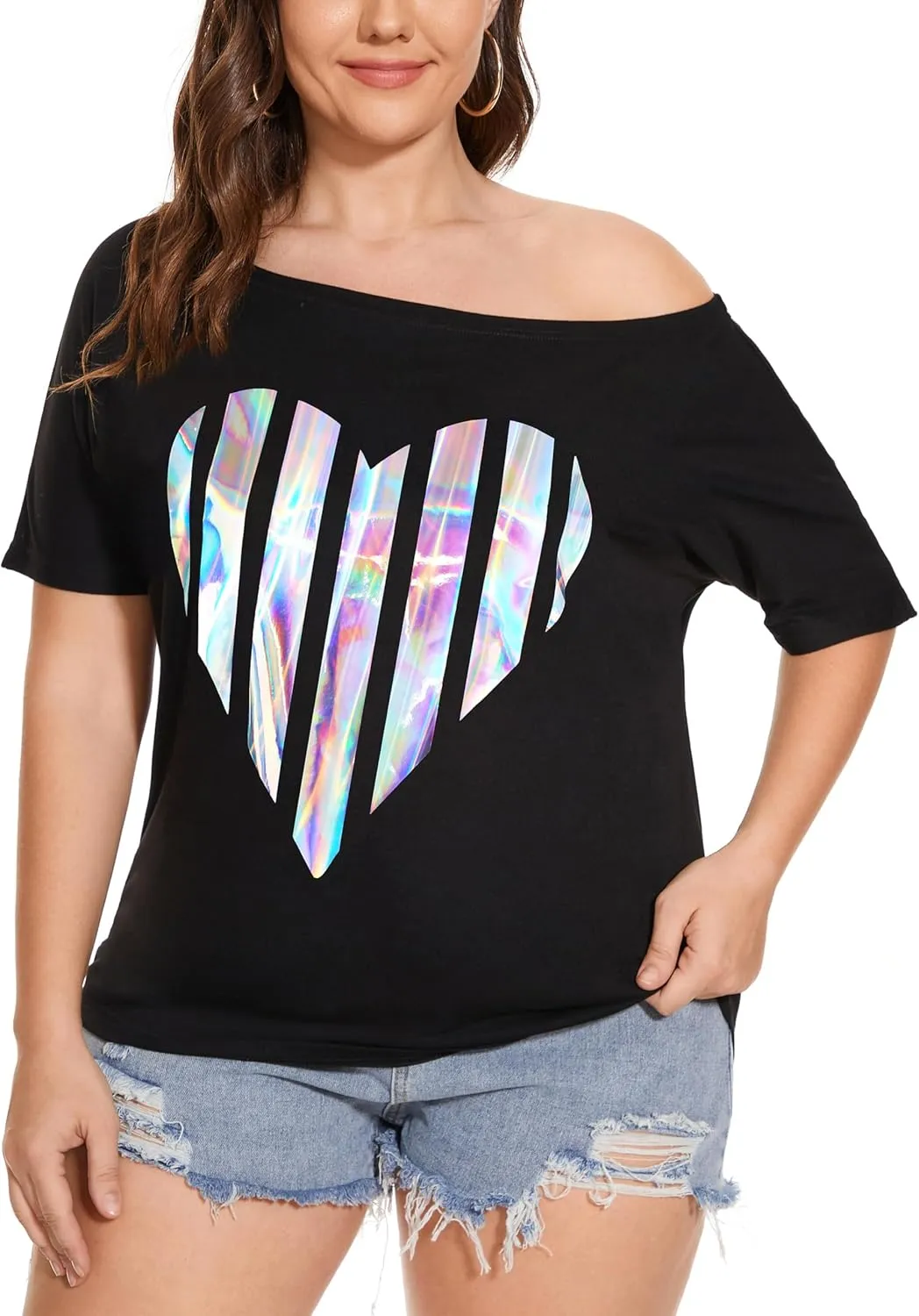 Womens Off The Shoulder Tops Shiny Shirts Short Sleeves Regular and Plus Size Dolman Metallic Tops