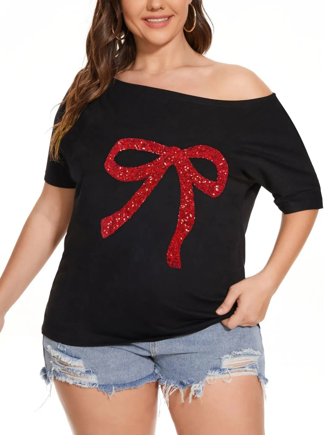 Womens Off The Shoulder Tops Shiny Shirts Short Sleeves Regular and Plus Size Dolman Metallic Tops