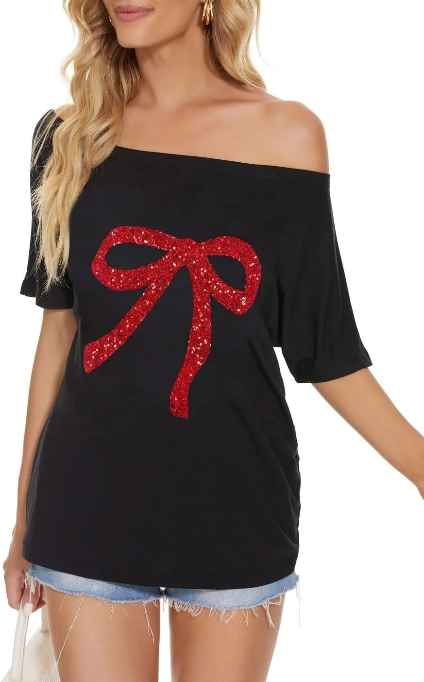 Womens Off The Shoulder Tops Shiny Shirts Short Sleeves Regular and Plus Size Dolman Metallic Tops