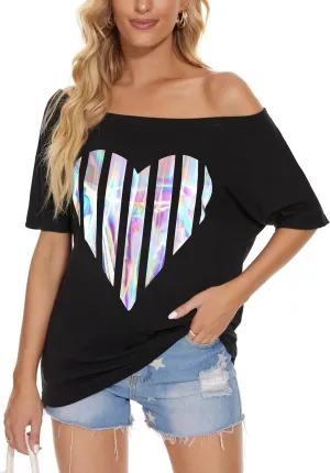 Womens Off The Shoulder Tops Shiny Shirts Short Sleeves Regular and Plus Size Dolman Metallic Tops