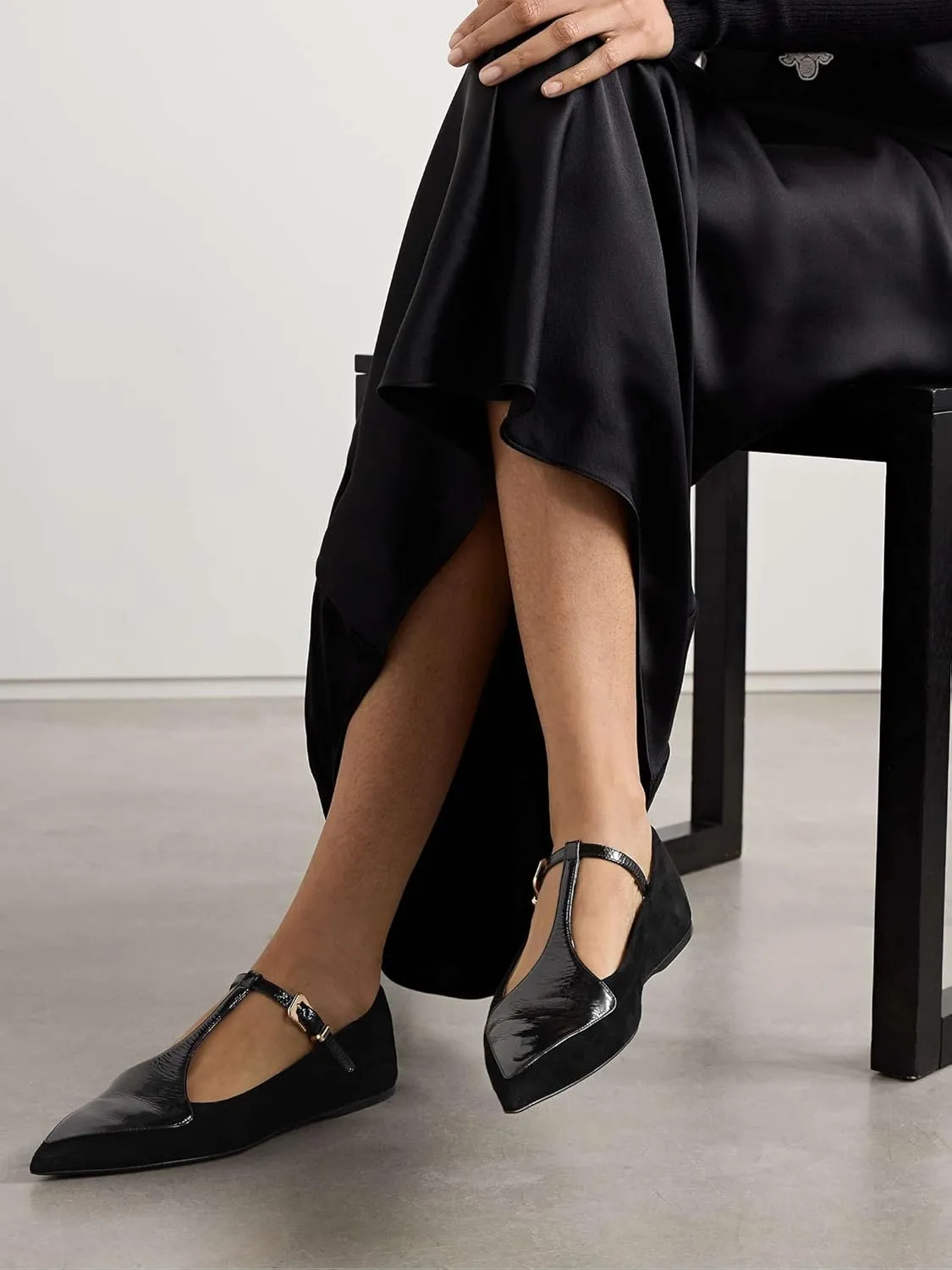 Women's Patent Leather & Suede Ballet Flats - Pointed Toe T-Strap Mary Jane Shoes, Breathable Office Ballerinas for Work, Casual, Daily Wear