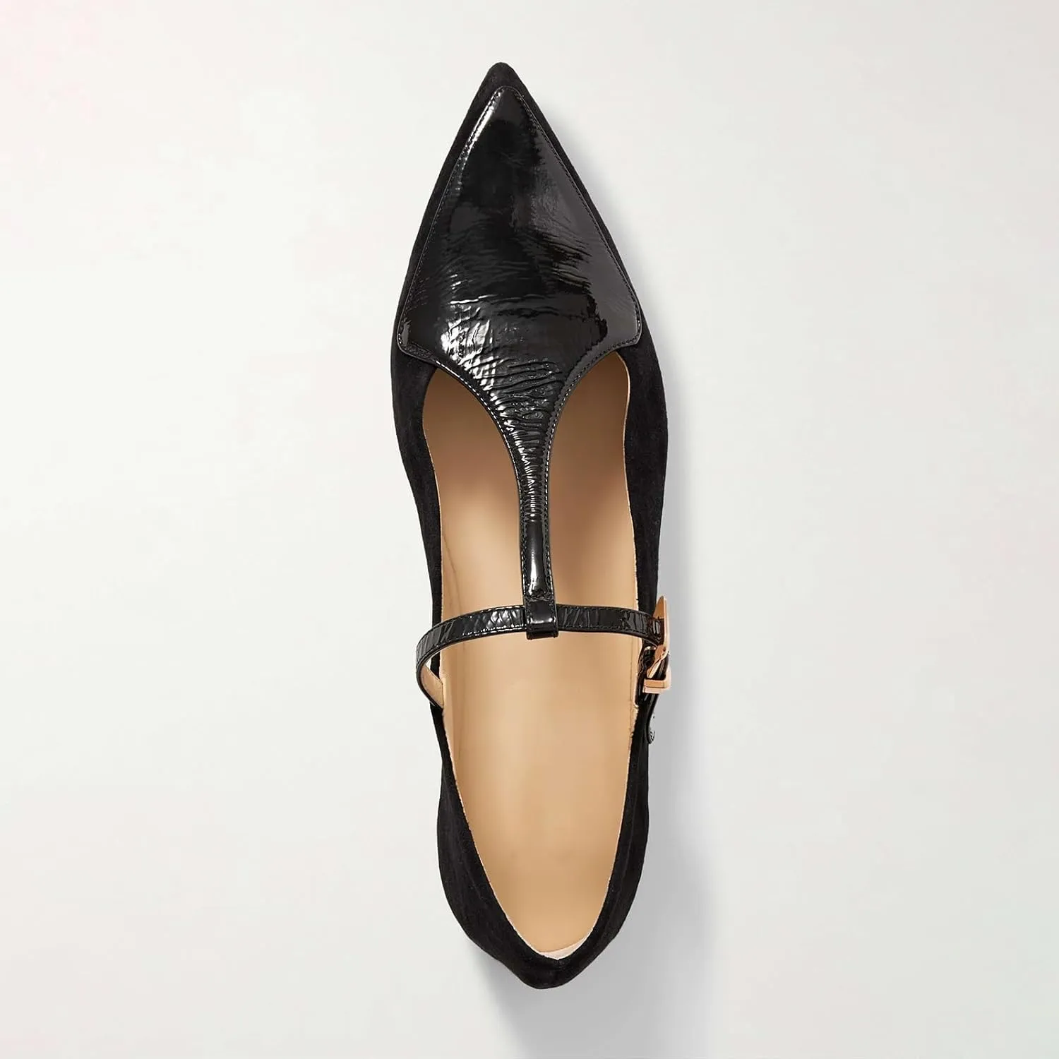 Women's Patent Leather & Suede Ballet Flats - Pointed Toe T-Strap Mary Jane Shoes, Breathable Office Ballerinas for Work, Casual, Daily Wear