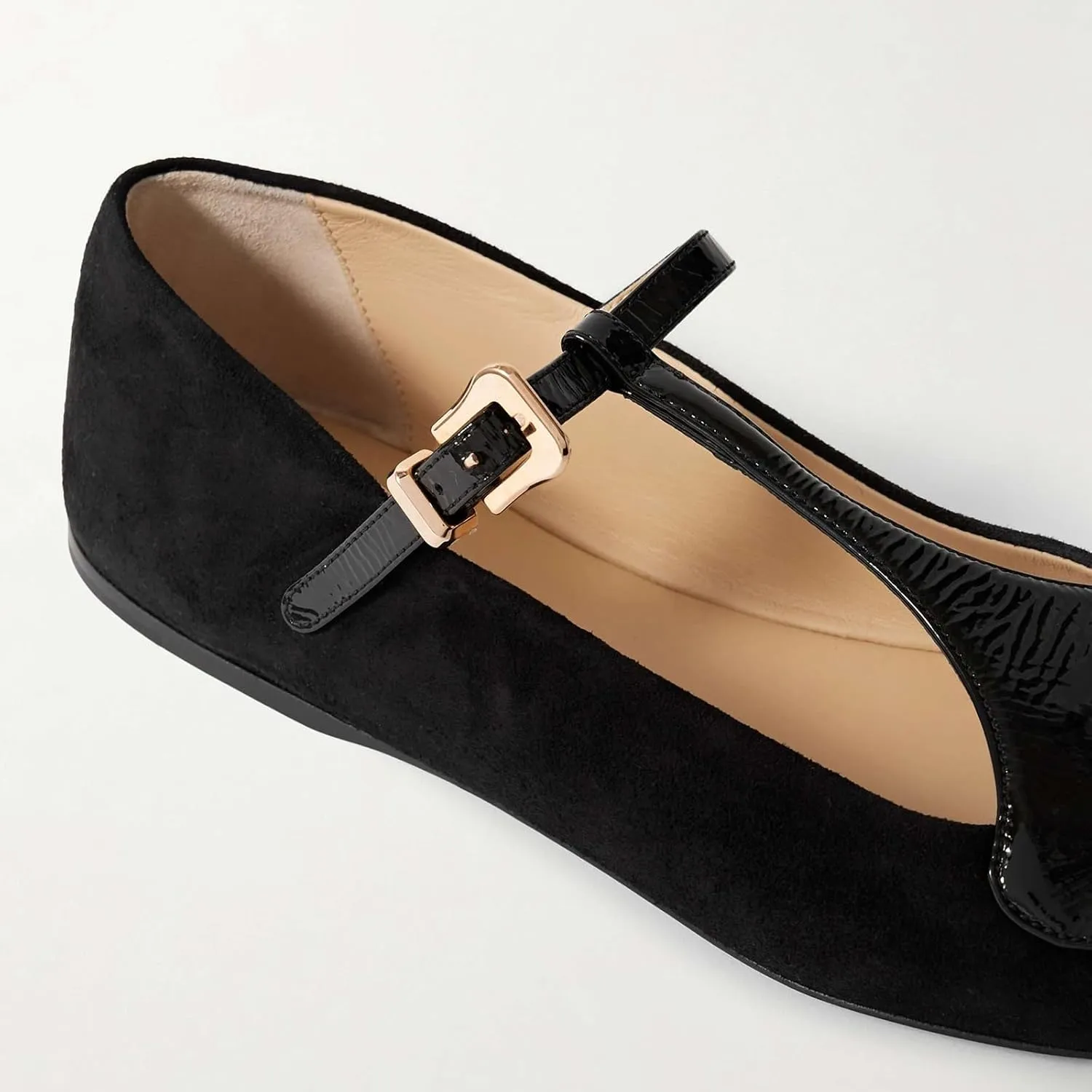 Women's Patent Leather & Suede Ballet Flats - Pointed Toe T-Strap Mary Jane Shoes, Breathable Office Ballerinas for Work, Casual, Daily Wear