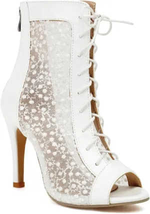 Women's Peep Toe Stilettos High Heeled Sandals Fashion Mesh Lace Up Zip Ladies Dance Dressy Ankle Booties
