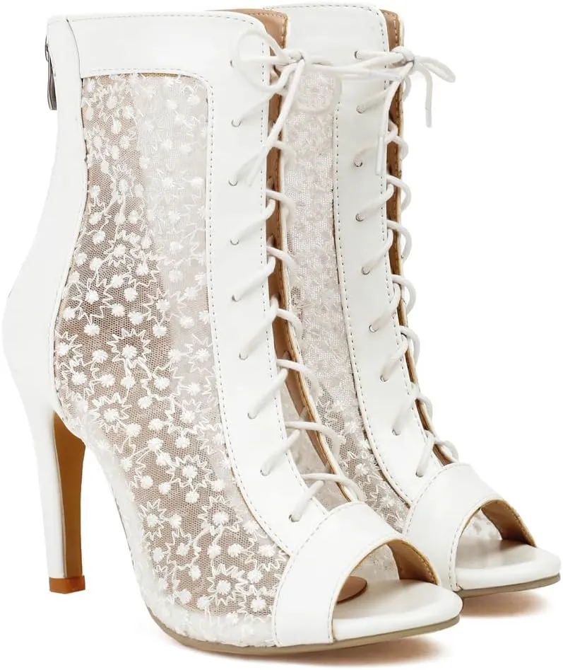 Women's Peep Toe Stilettos High Heeled Sandals Fashion Mesh Lace Up Zip Ladies Dance Dressy Ankle Booties