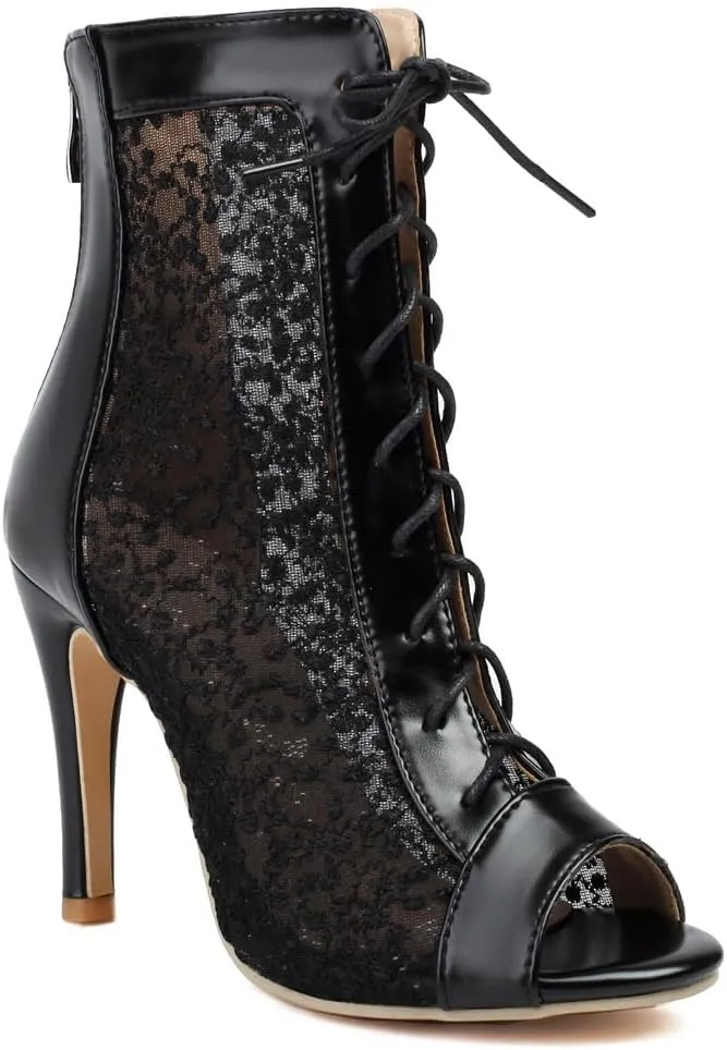 Women's Peep Toe Stilettos High Heeled Sandals Fashion Mesh Lace Up Zip Ladies Dance Dressy Ankle Booties