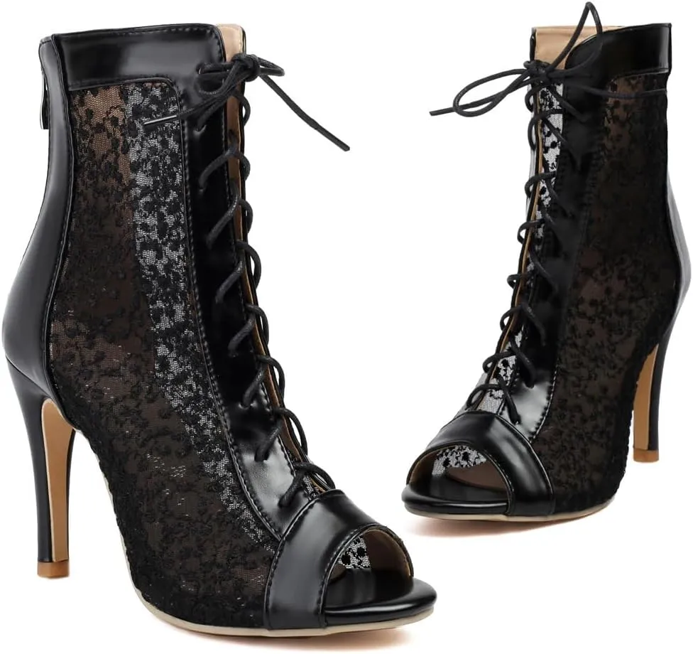 Women's Peep Toe Stilettos High Heeled Sandals Fashion Mesh Lace Up Zip Ladies Dance Dressy Ankle Booties