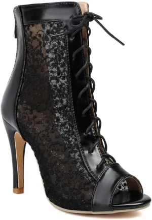 Women's Peep Toe Stilettos High Heeled Sandals Fashion Mesh Lace Up Zip Ladies Dance Dressy Ankle Booties