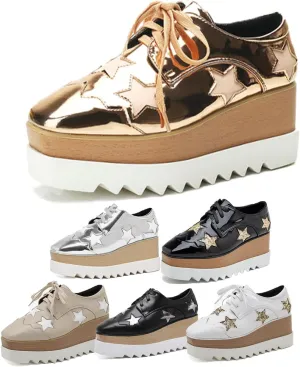 Women's Platform Chunky Sneakers Fashion Star Glitter Sparkly Wedge Walking Shoes High Heel Casual Shiny Thick Sole Footwear Women's High Platform Square Toe Trainers Lace-Up Wedge Heelshoes