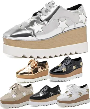 Women's Platform Chunky Sneakers Fashion Star Glitter Sparkly Wedge Walking Shoes High Heel Casual Shiny Thick Sole Footwear Women's High Platform Square Toe Trainers Lace-Up Wedge Heelshoes