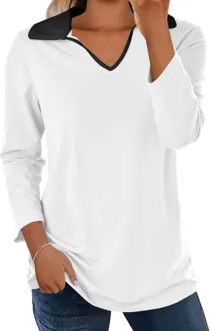 Womens Polo Shirts Fall Collared 3/4 Sleeve Tops Color Block Work Casual Blouses