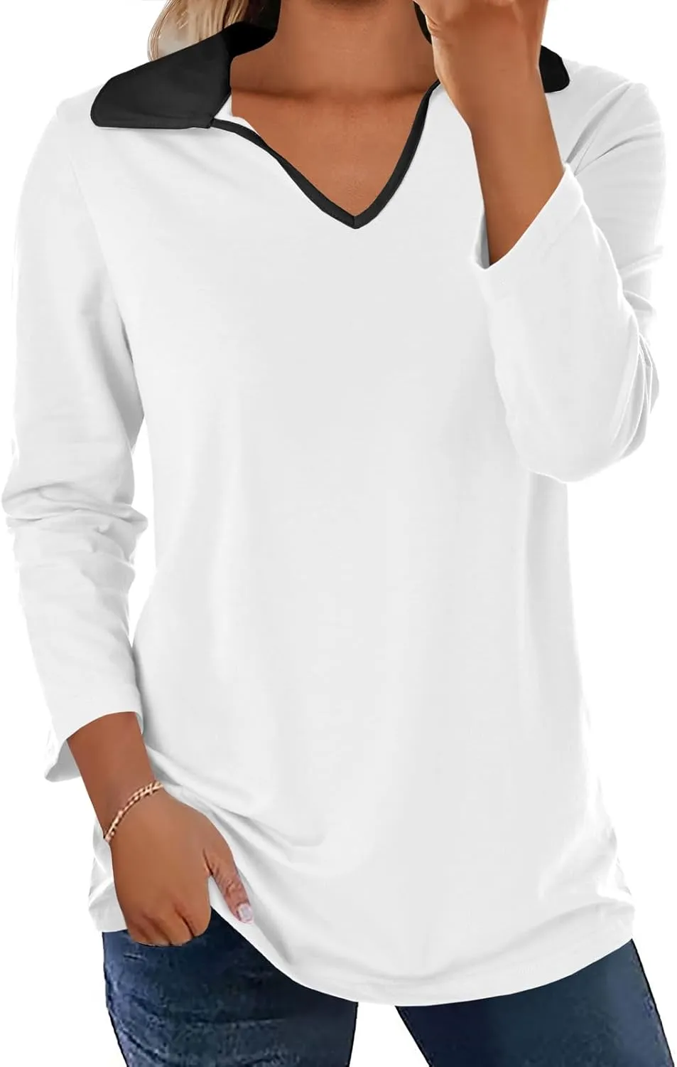 Womens Polo Shirts Fall Collared 3/4 Sleeve Tops Color Block Work Casual Blouses