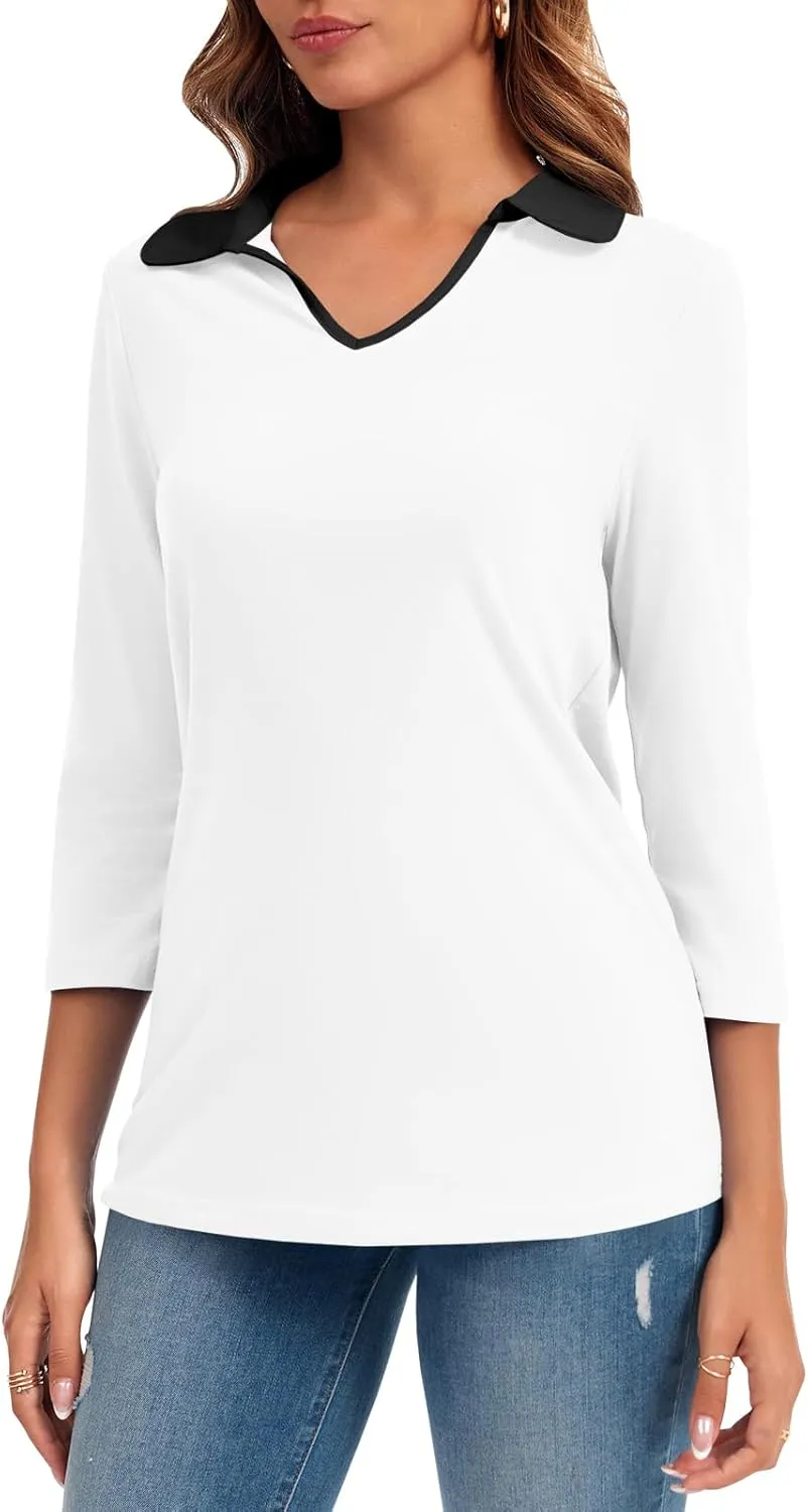 Womens Polo Shirts Fall Collared 3/4 Sleeve Tops Color Block Work Casual Blouses