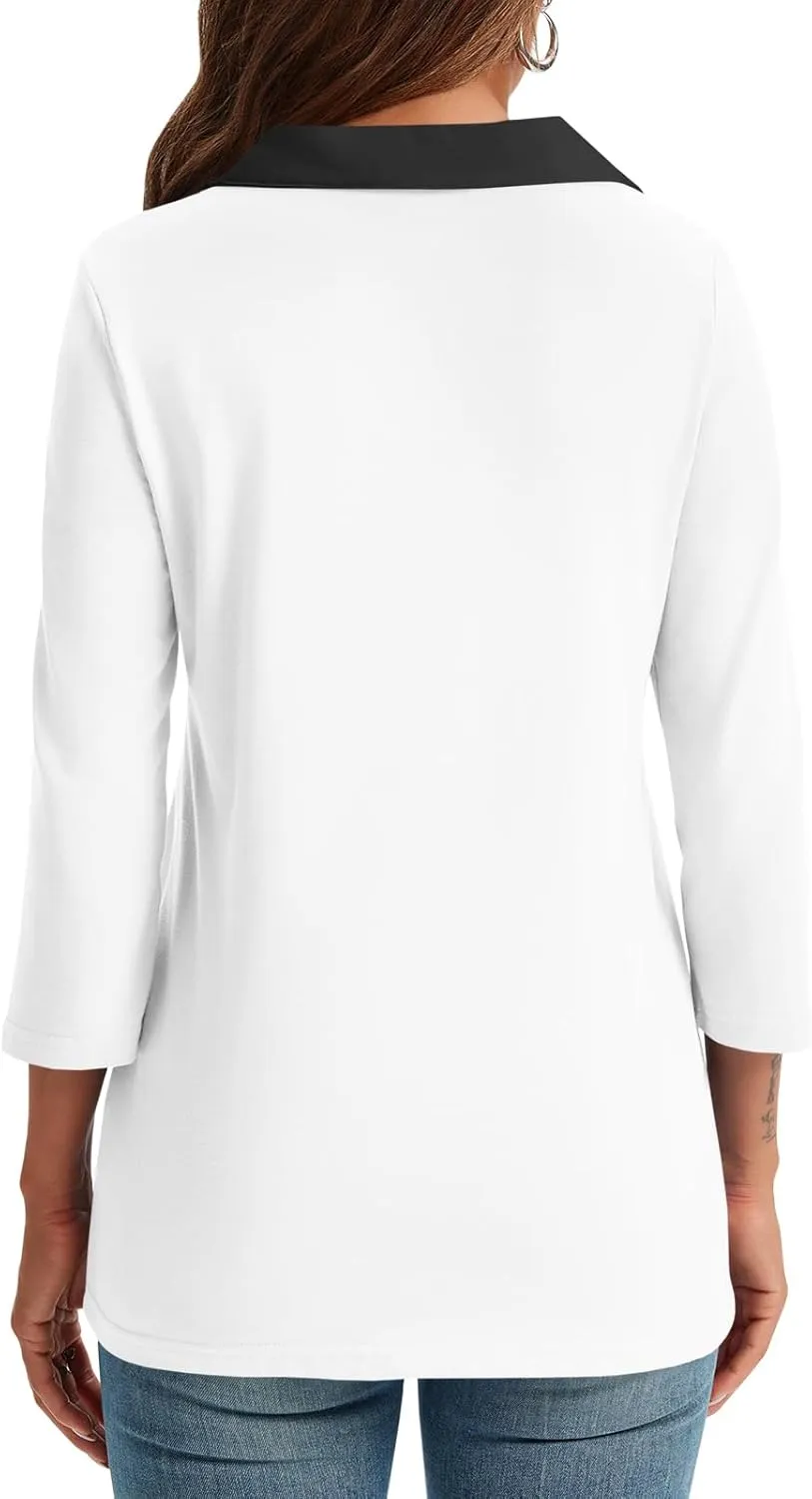 Womens Polo Shirts Fall Collared 3/4 Sleeve Tops Color Block Work Casual Blouses