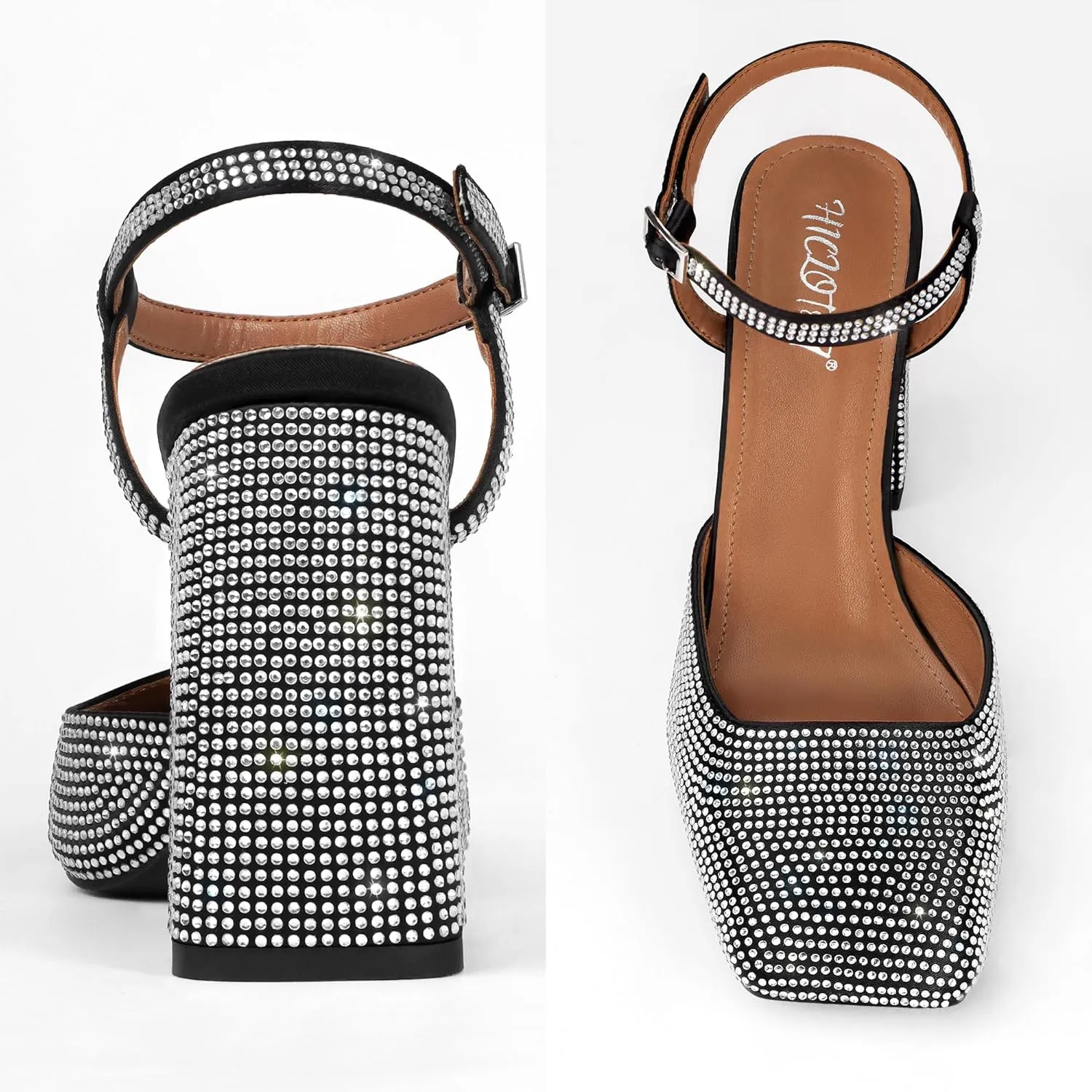 Women's Rhinestone Closed Square Toe Chunky High Heel Sandals Ankle Strap Buckle Slingback Party Dress Pumps Shoes