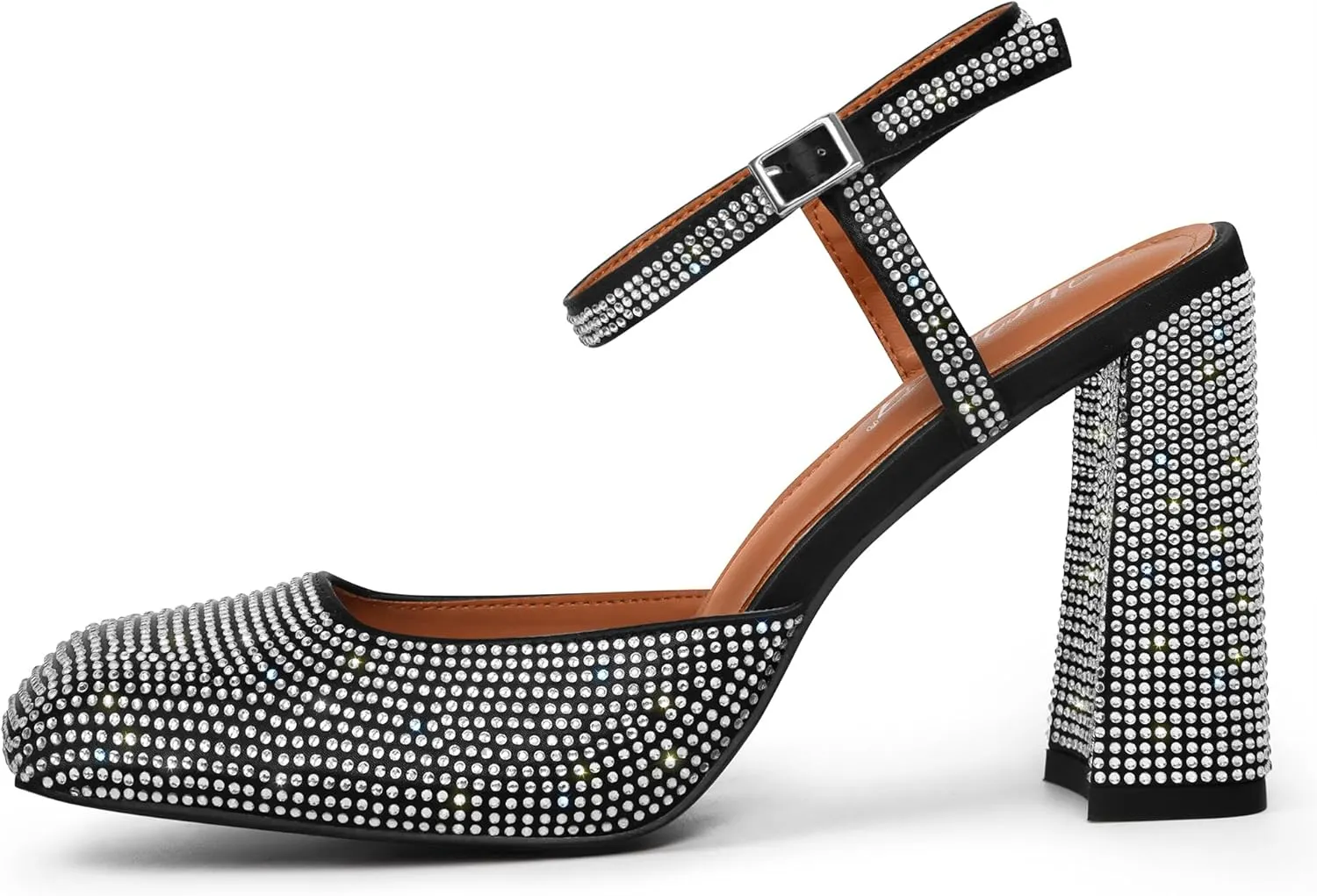 Women's Rhinestone Closed Square Toe Chunky High Heel Sandals Ankle Strap Buckle Slingback Party Dress Pumps Shoes