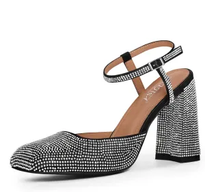 Women's Rhinestone Closed Square Toe Chunky High Heel Sandals Ankle Strap Buckle Slingback Party Dress Pumps Shoes
