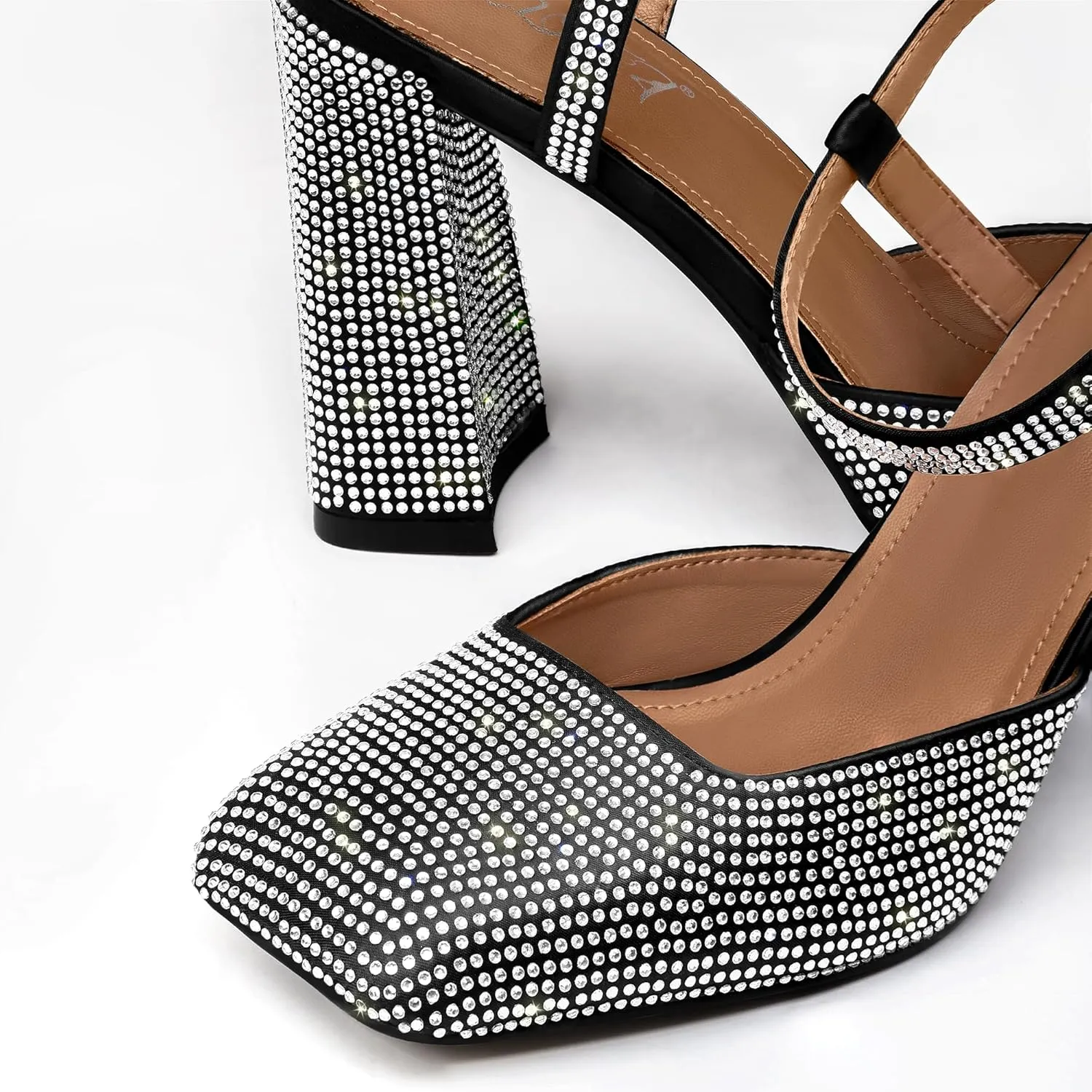 Women's Rhinestone Closed Square Toe Chunky High Heel Sandals Ankle Strap Buckle Slingback Party Dress Pumps Shoes