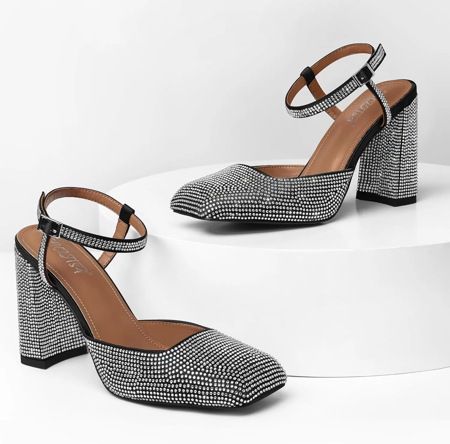 Women's Rhinestone Closed Square Toe Chunky High Heel Sandals Ankle Strap Buckle Slingback Party Dress Pumps Shoes