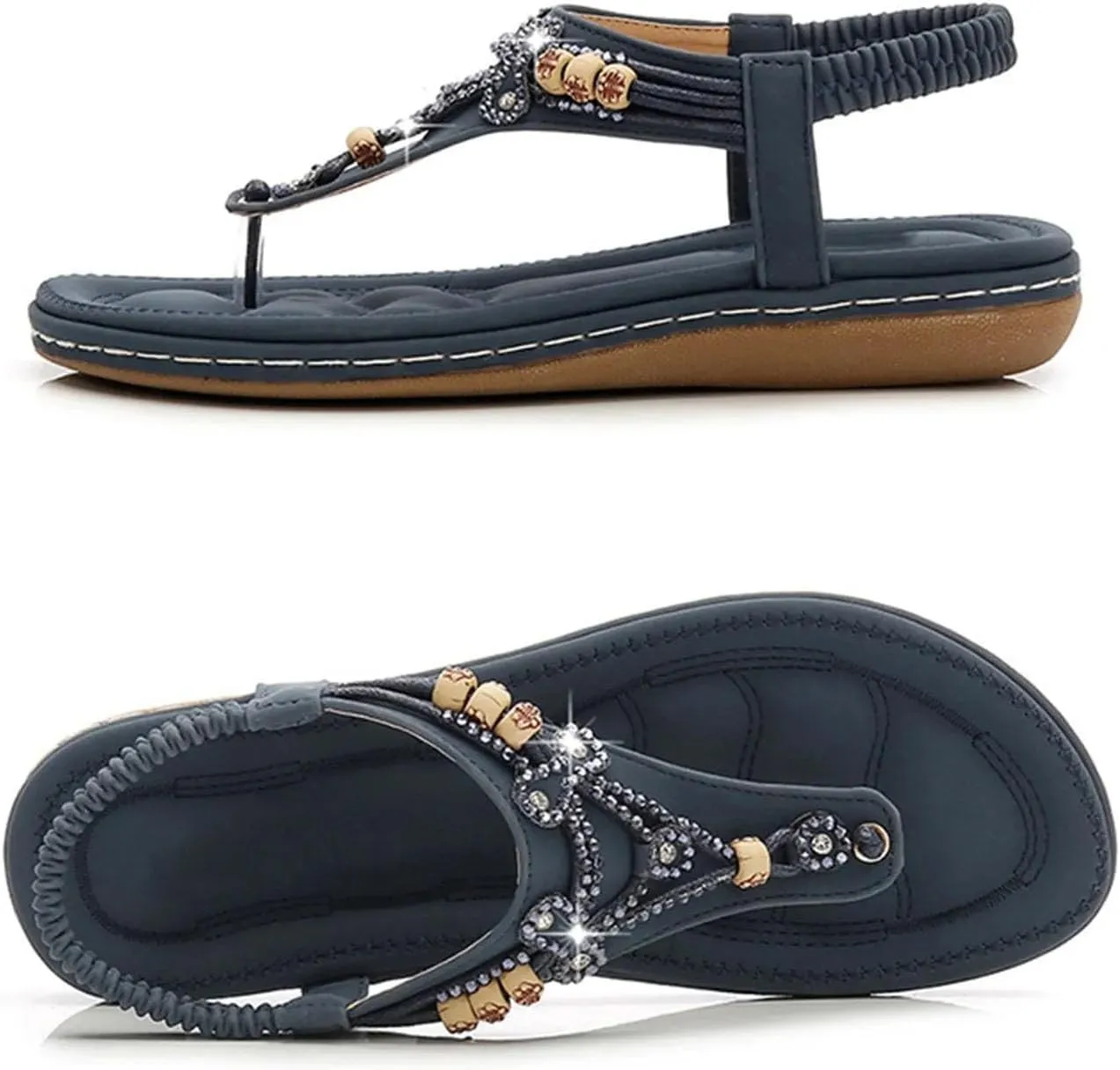 Womens Sandalias Shoes Bohemian Crystal Beaded Flat Sandals Casual Slip On Beach Flip Flops