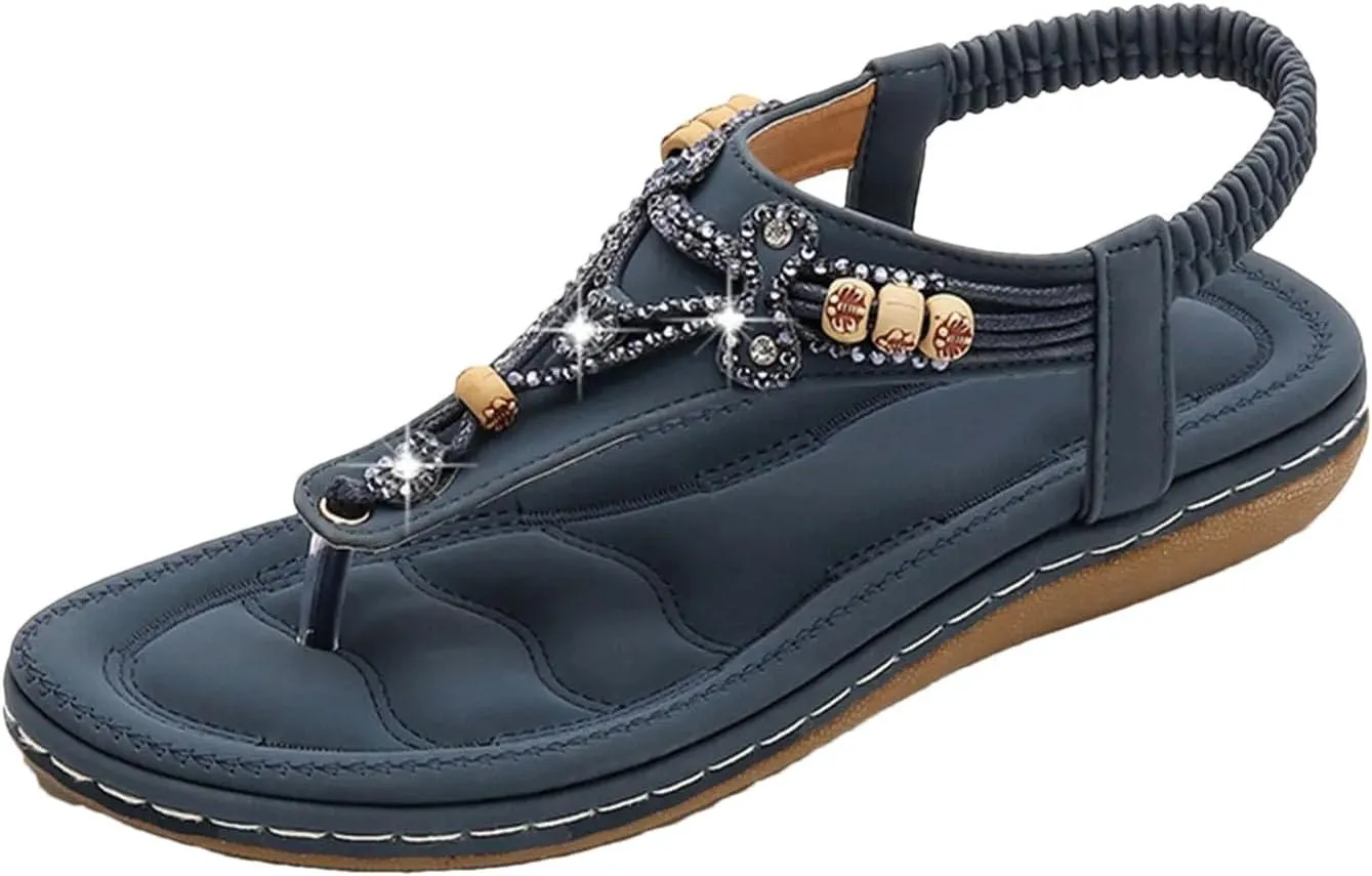 Womens Sandalias Shoes Bohemian Crystal Beaded Flat Sandals Casual Slip On Beach Flip Flops