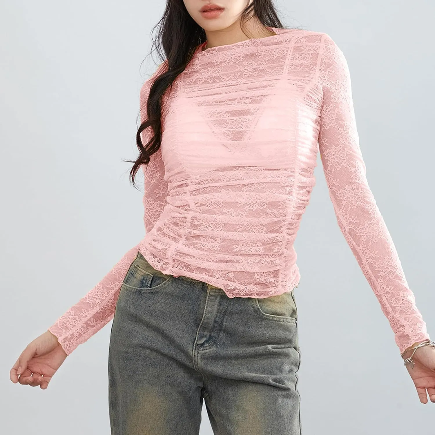 Womens Sheer Lace Long Sleeve Layering Top Mock Neck Floral Lace Undershirt Mesh See Through Shirts Clubwear