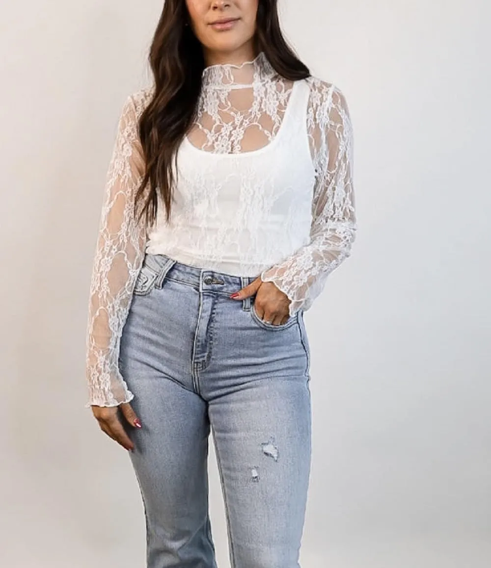 Womens Sheer Lace Long Sleeve Layering Top Mock Neck Floral Lace Undershirt Mesh See Through Shirts Clubwear