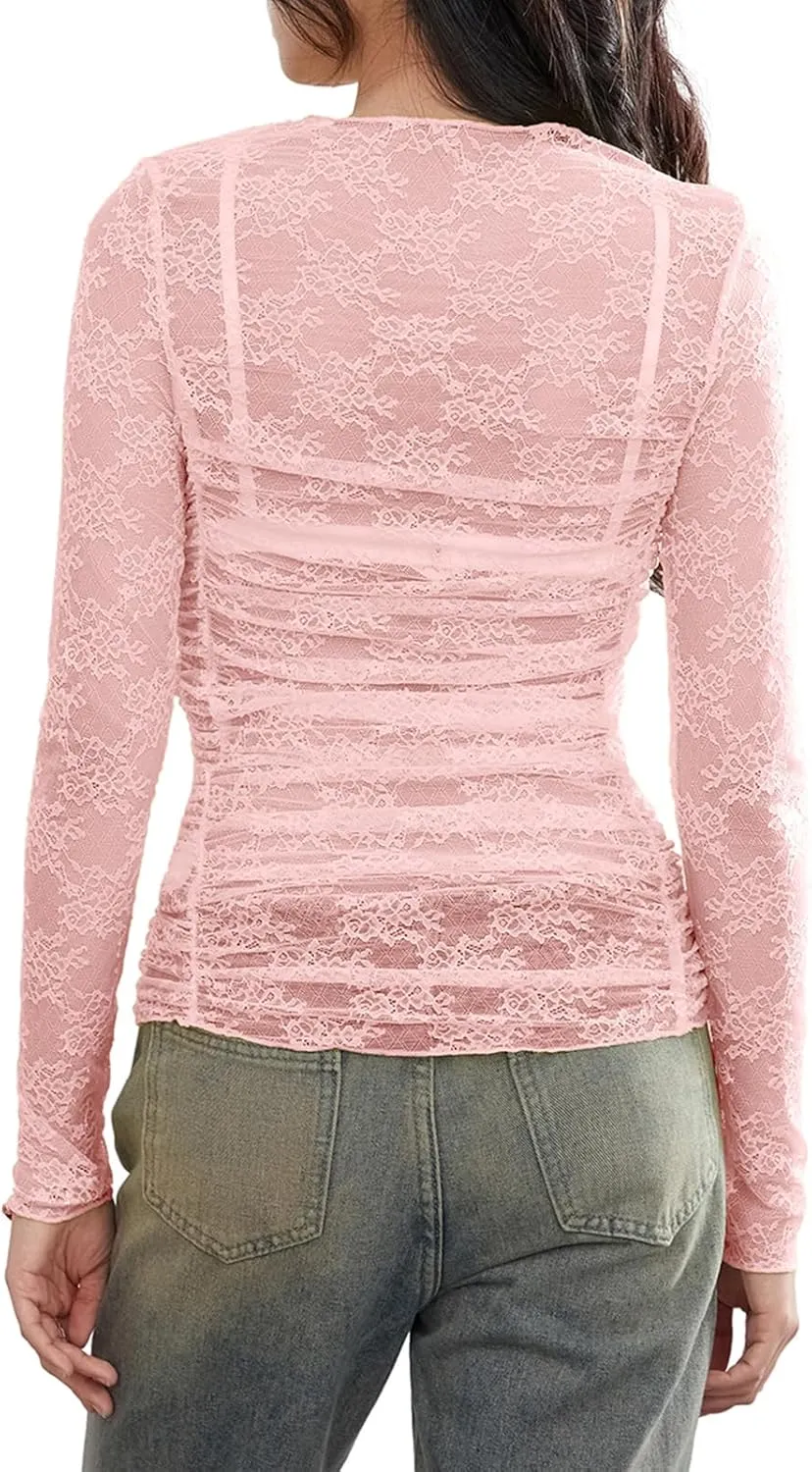 Womens Sheer Lace Long Sleeve Layering Top Mock Neck Floral Lace Undershirt Mesh See Through Shirts Clubwear