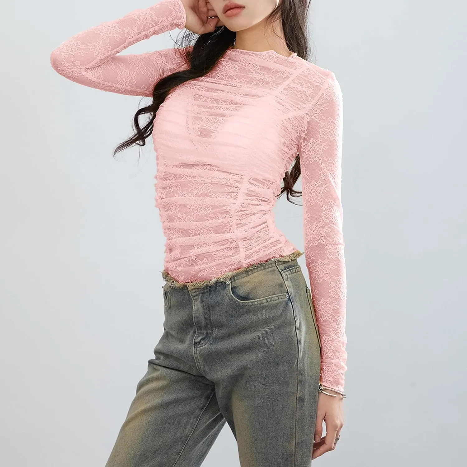 Womens Sheer Lace Long Sleeve Layering Top Mock Neck Floral Lace Undershirt Mesh See Through Shirts Clubwear