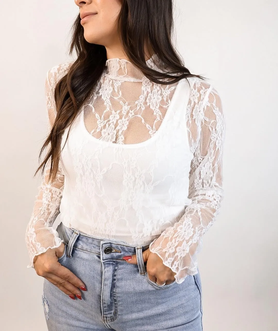 Womens Sheer Lace Long Sleeve Layering Top Mock Neck Floral Lace Undershirt Mesh See Through Shirts Clubwear