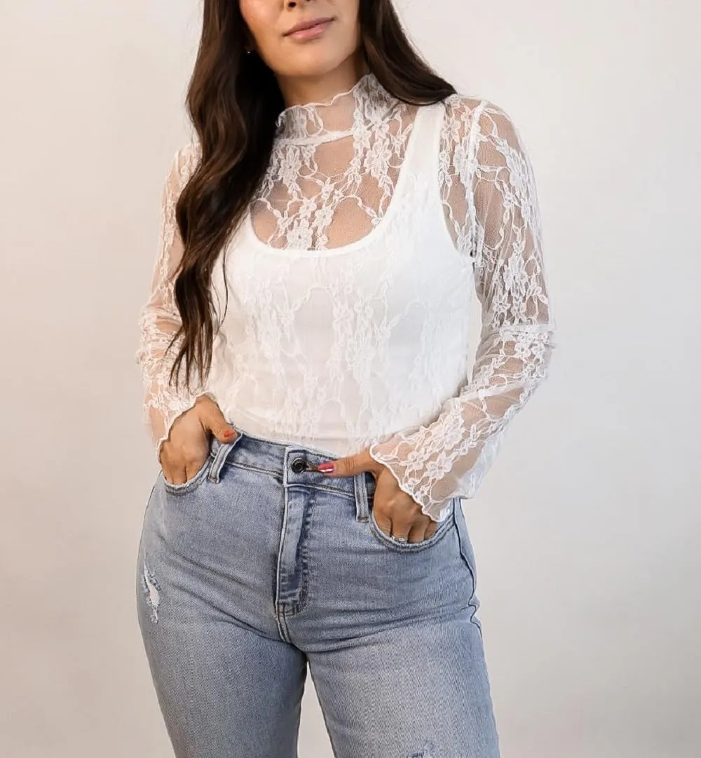 Womens Sheer Lace Long Sleeve Layering Top Mock Neck Floral Lace Undershirt Mesh See Through Shirts Clubwear