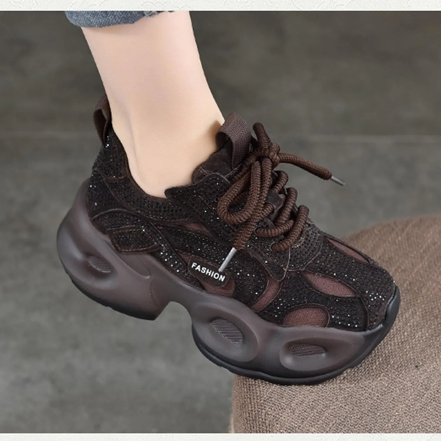 Women's Shiny Rhinestone Chunky Platform Fashion Sneakers Comfortable Mesh Wedge Heel Non-Slip Height-Enhancing Party Carnival Dad Shoes
