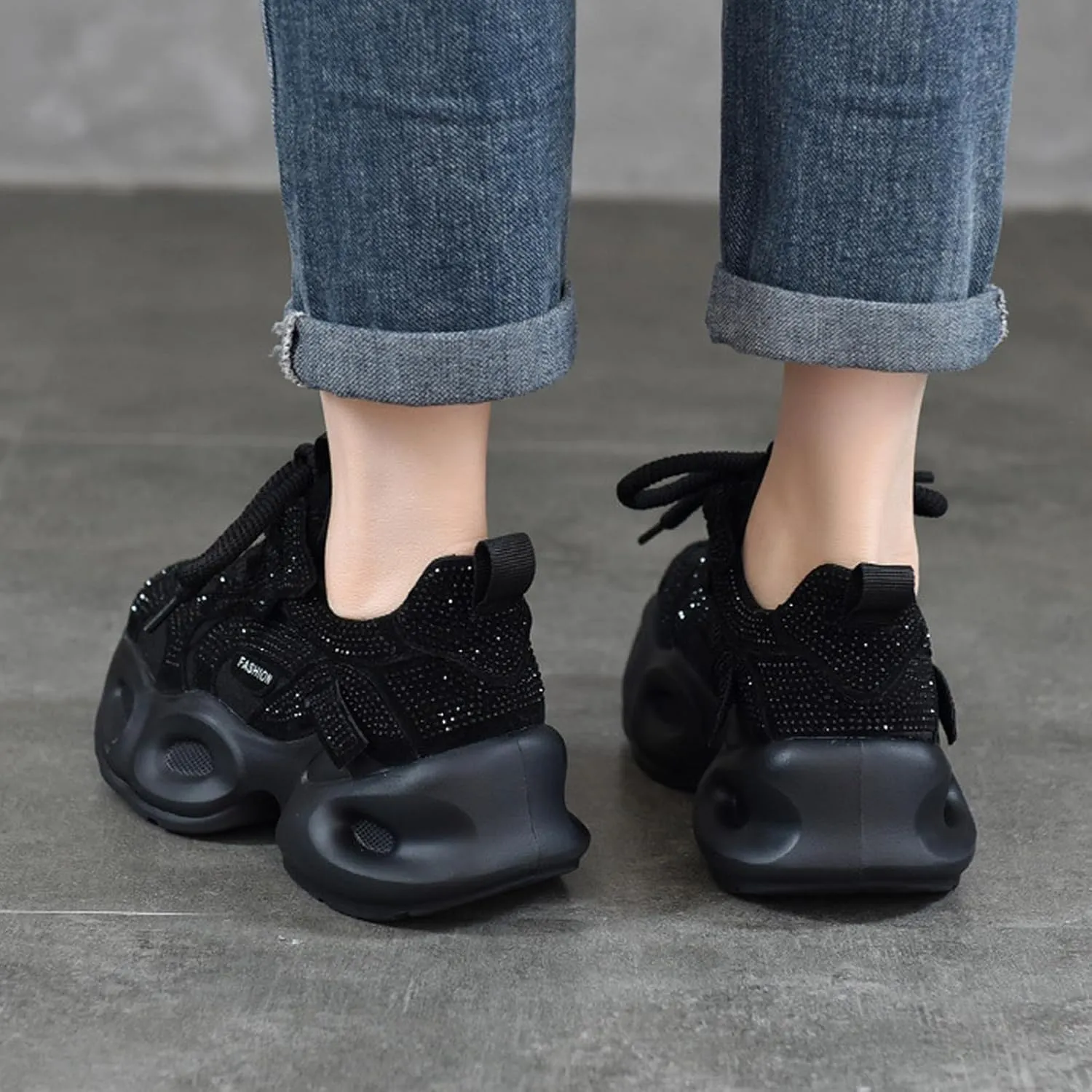Women's Shiny Rhinestone Chunky Platform Fashion Sneakers Comfortable Mesh Wedge Heel Non-Slip Height-Enhancing Party Carnival Dad Shoes