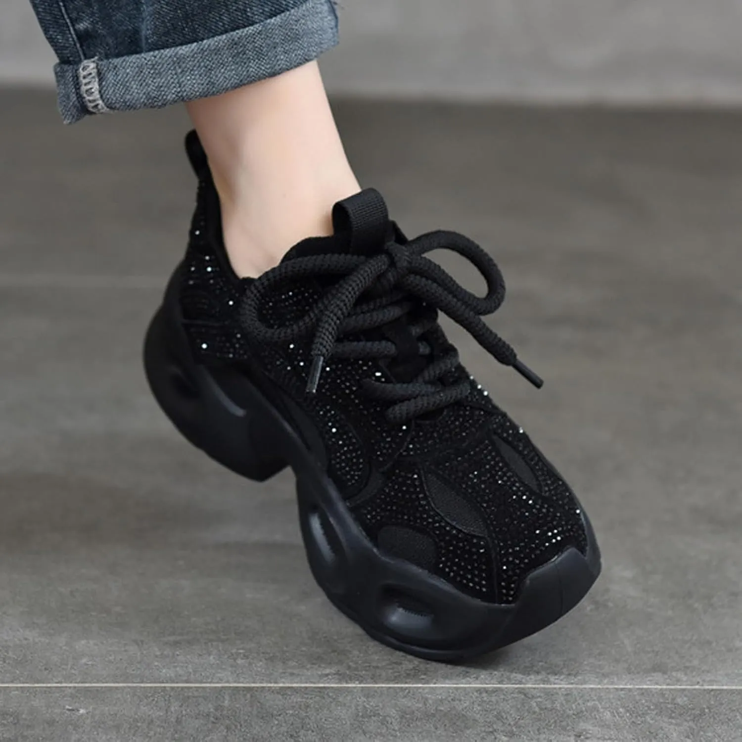 Women's Shiny Rhinestone Chunky Platform Fashion Sneakers Comfortable Mesh Wedge Heel Non-Slip Height-Enhancing Party Carnival Dad Shoes