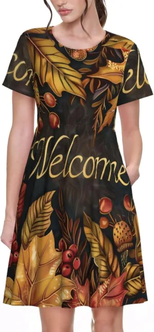 Women's Short Sleeve Round Neck Starry Night Sky Santa Claus Print A-Line Summer Casual Dress with Pockets,