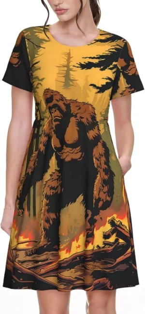 Women's Short Sleeve Round Neck Starry Night Sky Santa Claus Print A-Line Summer Casual Dress with Pockets,