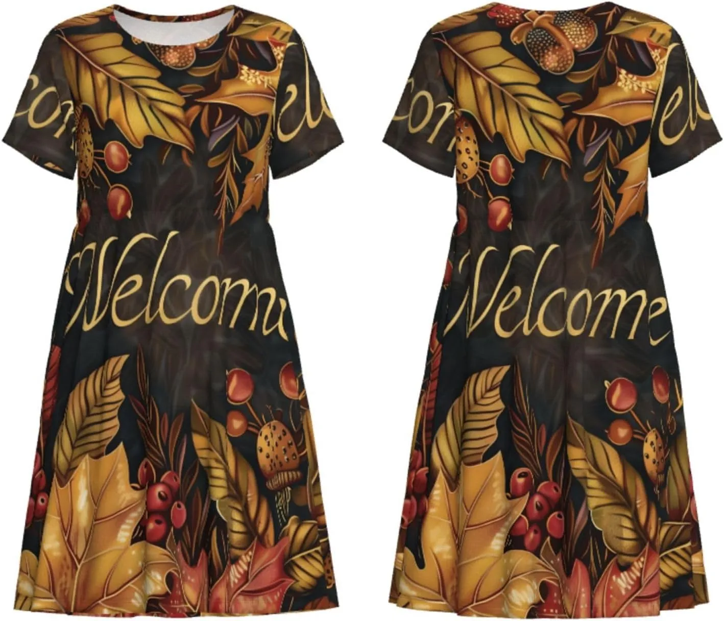 Women's Short Sleeve Round Neck Starry Night Sky Santa Claus Print A-Line Summer Casual Dress with Pockets,