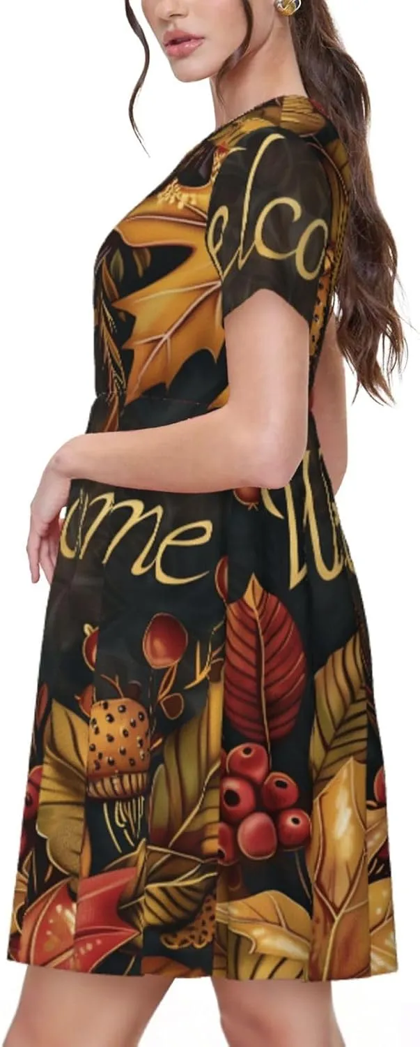 Women's Short Sleeve Round Neck Starry Night Sky Santa Claus Print A-Line Summer Casual Dress with Pockets,