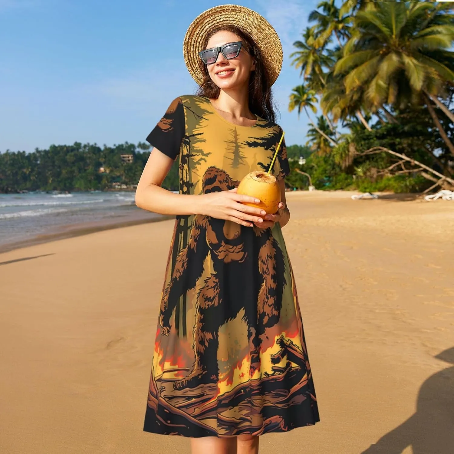 Women's Short Sleeve Round Neck Starry Night Sky Santa Claus Print A-Line Summer Casual Dress with Pockets,