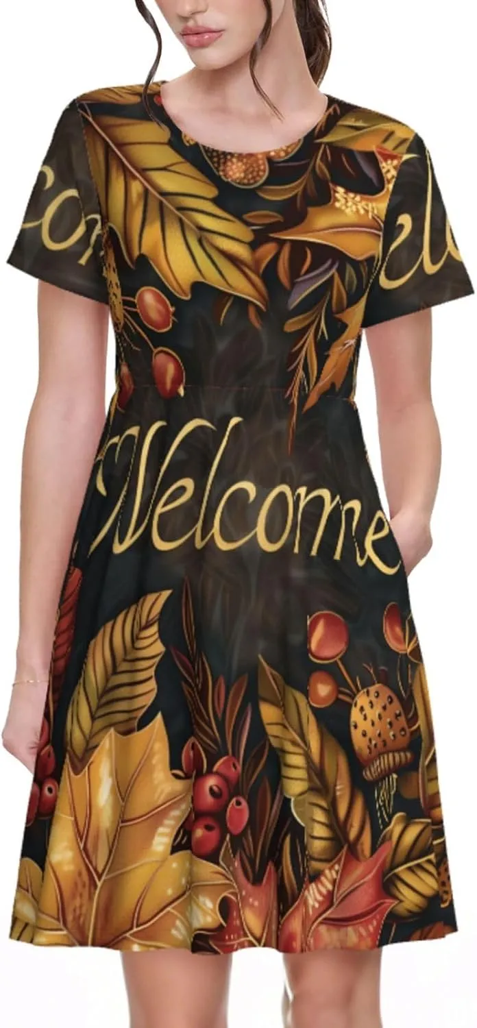 Women's Short Sleeve Round Neck Starry Night Sky Santa Claus Print A-Line Summer Casual Dress with Pockets,