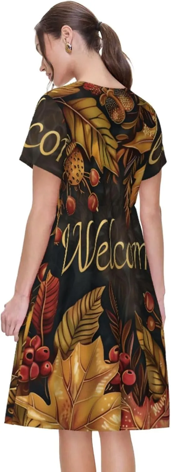 Women's Short Sleeve Round Neck Starry Night Sky Santa Claus Print A-Line Summer Casual Dress with Pockets,