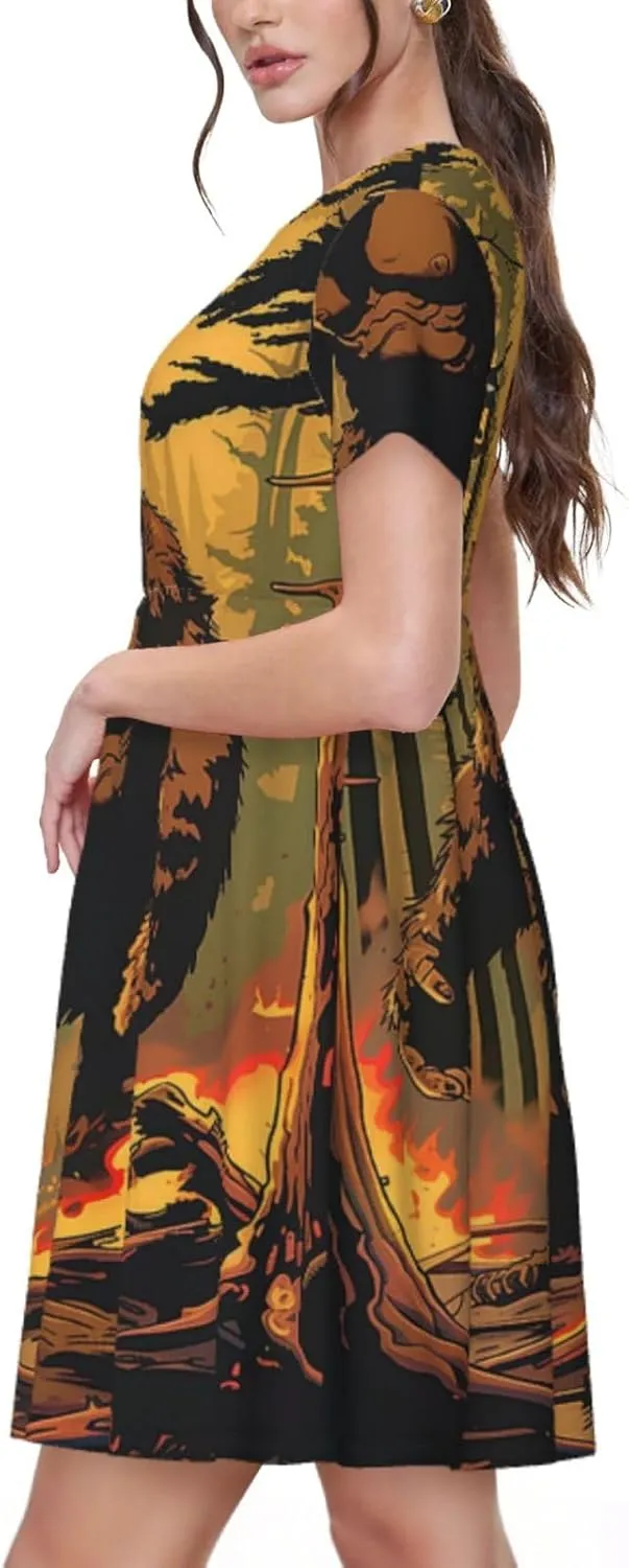 Women's Short Sleeve Round Neck Starry Night Sky Santa Claus Print A-Line Summer Casual Dress with Pockets,