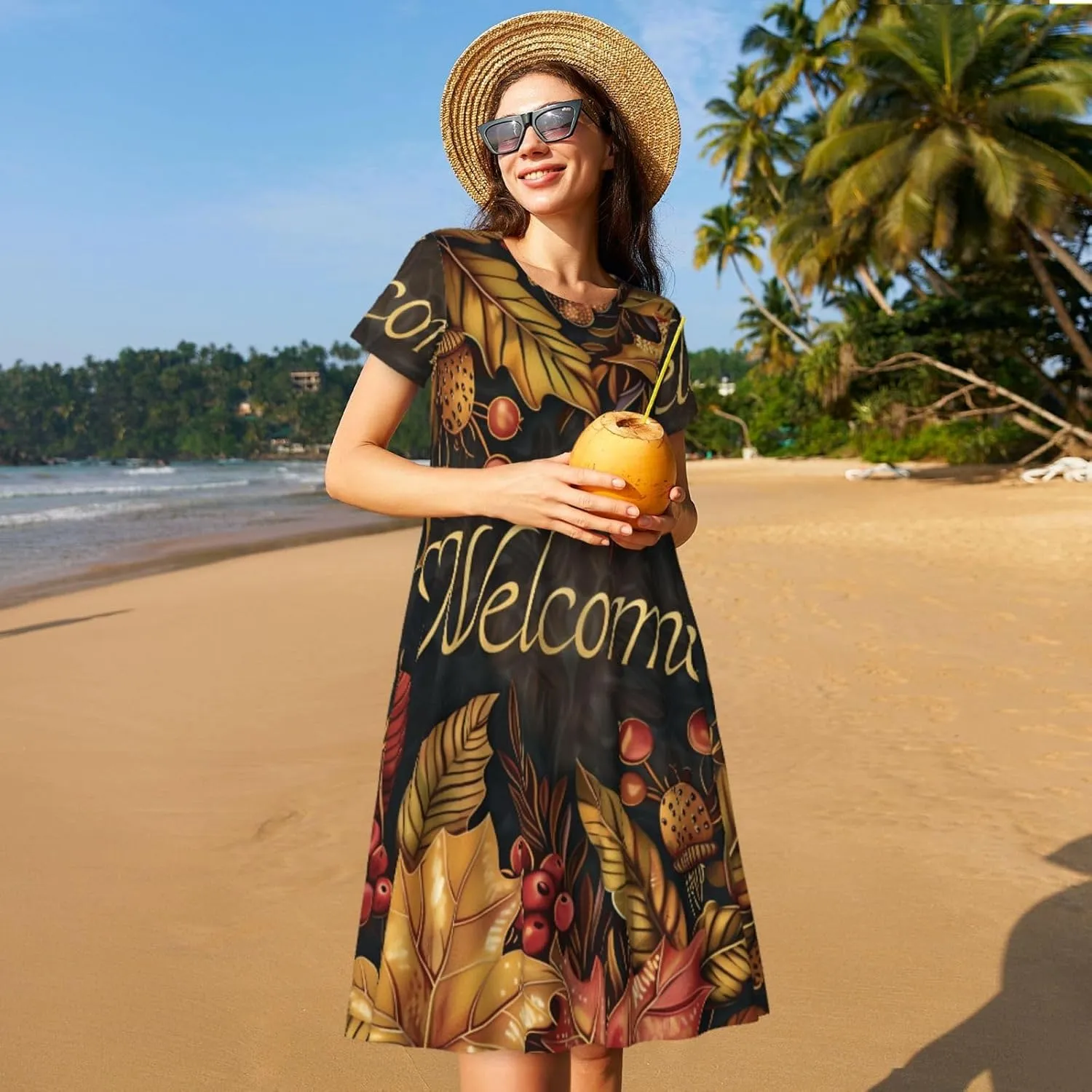 Women's Short Sleeve Round Neck Starry Night Sky Santa Claus Print A-Line Summer Casual Dress with Pockets,