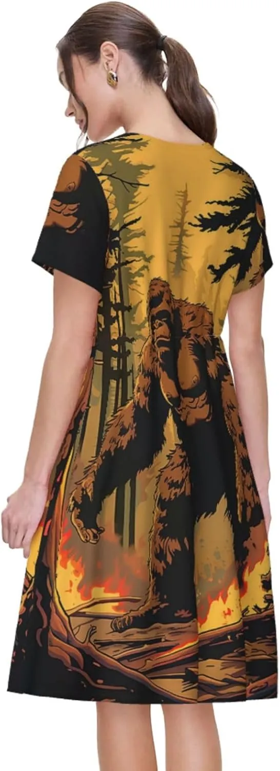 Women's Short Sleeve Round Neck Starry Night Sky Santa Claus Print A-Line Summer Casual Dress with Pockets,