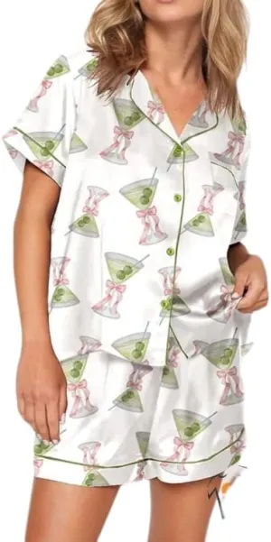 Women's Silk Espresso Martini Pajamas Button Printed Short Sleeve Top Wide Leg Shorts Loungewear 2 Piece Set