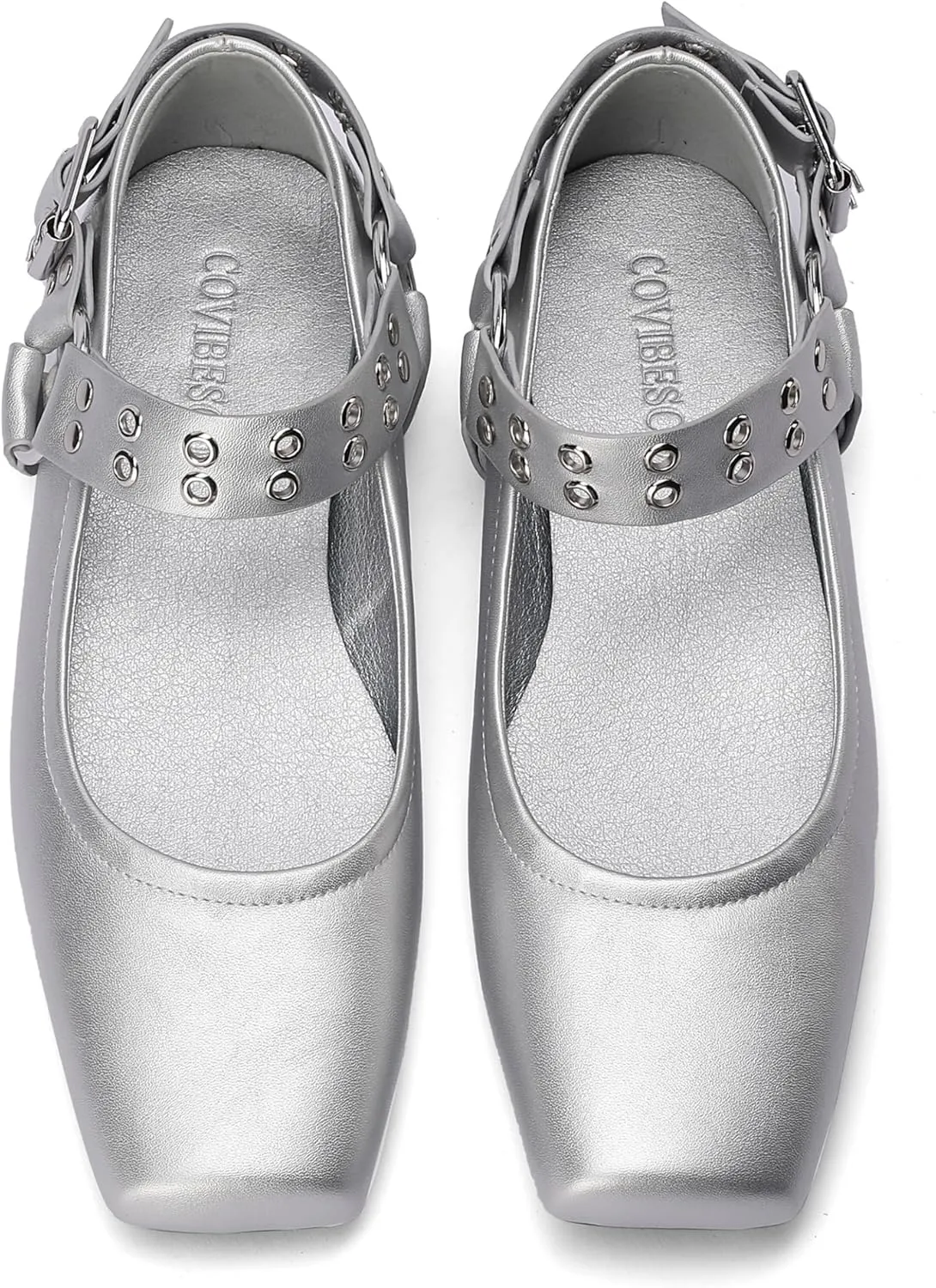 Women's Sliver Black Studded Ankle Strap Square Toe Mary Jane Flats Office, Party, Daily Wear